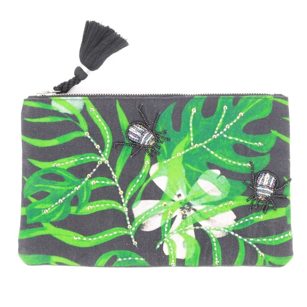 World Market Clutch Purse Makeup Bag Beaded Spiders Leaves Flower Tassel Zip